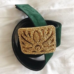 VINTAGE Emerald Green Gen Leather Belt Gold Clasp